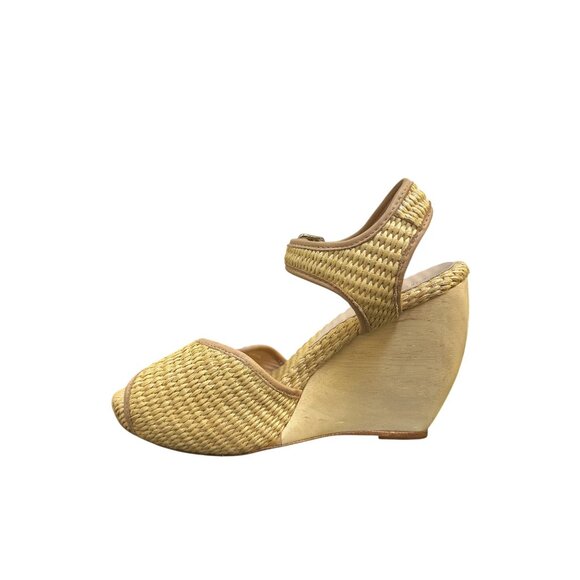 Loeffler Randall Woven Straw & Leather Peep-Toe Valentine Wedge Heels 8.5 - Picture 5 of 9